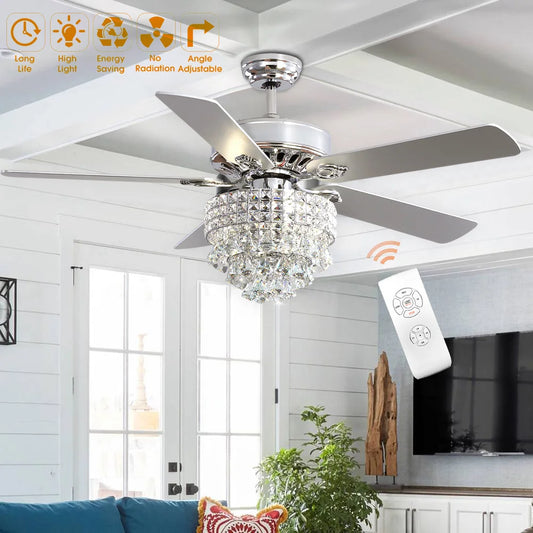 KOMORE  Modern 52 Inch Crystal 3-Light Ceiling Fan with Remote, 5 Blades for Office, Living Room, Bedroom