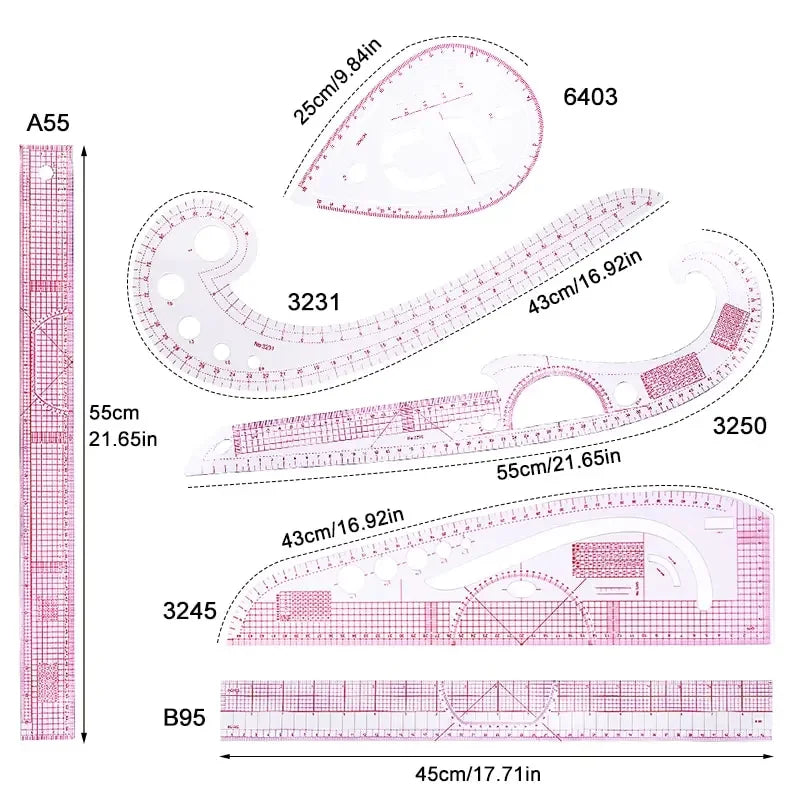 6-Piece French Curve Ruler Set - Flexible Tailoring Templates for Dressmaking, Pattern Drafting & DIY Sewing Projects