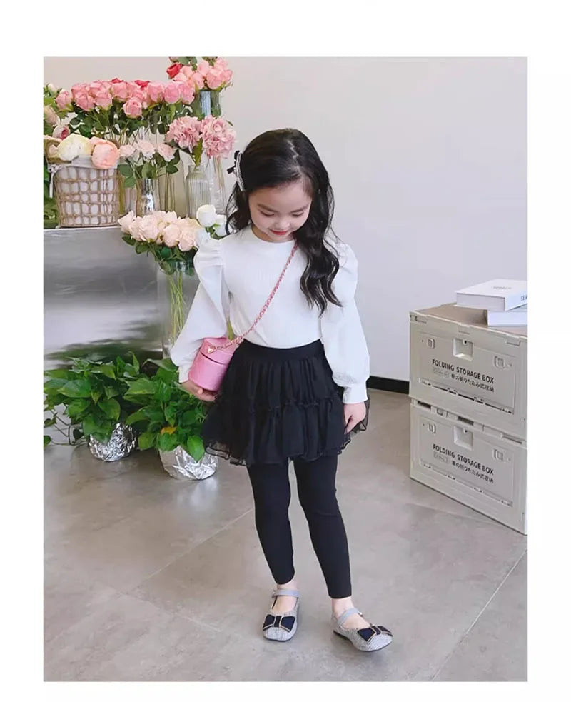 Kids Autumn Leggings Children Cute Thin Style Yarn Skirt Kids Solid Color Bow Skinny Pants