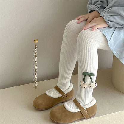 Girls Cotton Tights with Cherry Pattern - Soft Pantyhose for Kids Ages 2-10 Years