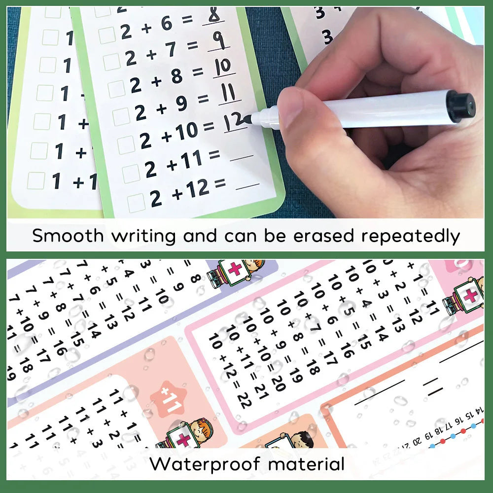 Wipeable Math Training Cards, Addition, Subtraction, Multiplication, Division, Kids Math Practice, Montessori Teaching Aid