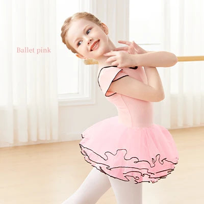 Girls Pink Ballet Leotard with Tutu Short Sleeve Dance Bodysuit for Toddler Girls Cotton Ballerina Wear