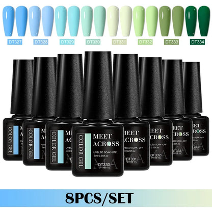 MEET ACROSS 8-teiliges Gel-Nagellack-Set für alle Jahreszeiten, Neon-Marcaron-Grün-Rot-Serie, UV-Gel-Lack-Maniküre-Set, Nagelzubehör