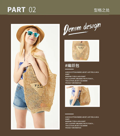 Casual Hollow Straw Women Shoulder Bags Designer Letters Handbags Paper Woven Large Tote Bag Handmade Summer Beach Purses 2024