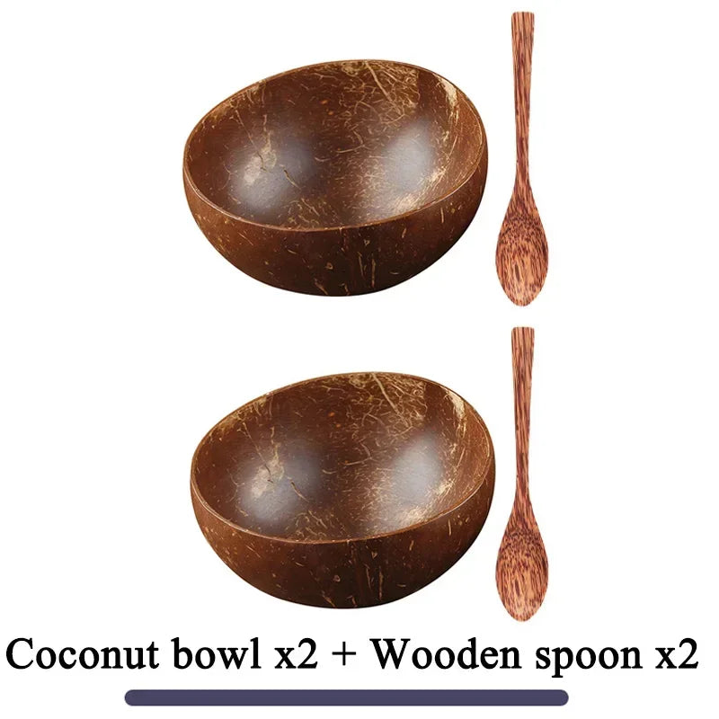 Natural Coconut Bowl Dinner Set for Women, Handmade Wooden Tableware, Wood Spoon, Dessert Fruit Salad, Mixing Rice Ramen Bowl, 1