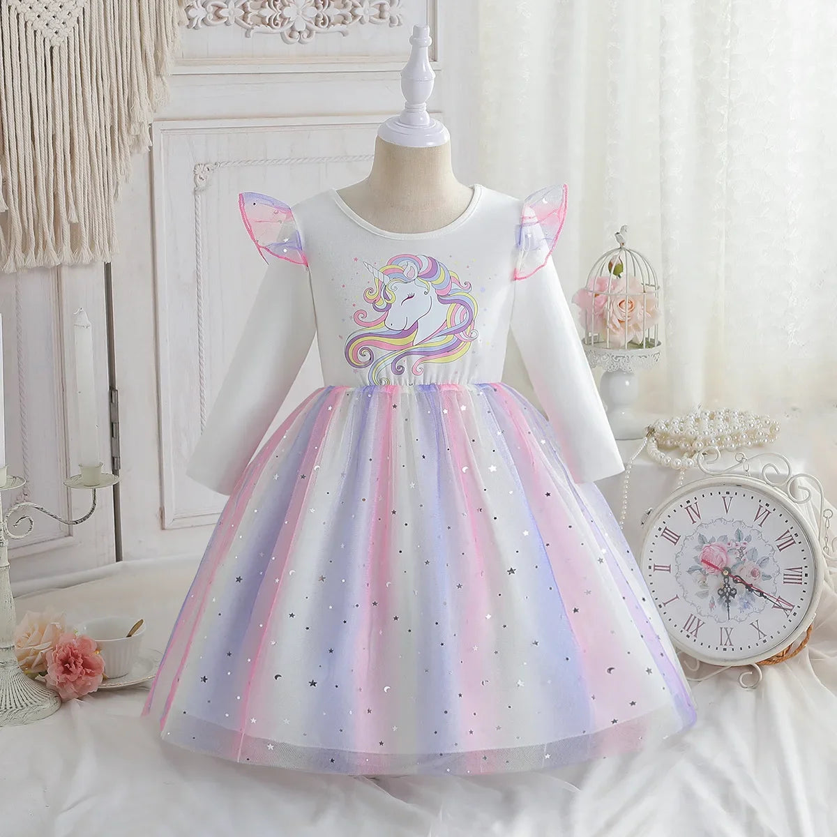 2024 Girls Long Sleeve Unicorn Birthday Dress Casual Children's Wear Rainbow Princess Skirt Sequins Mesh Gown