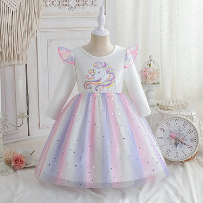 2024 Girls Long Sleeve Unicorn Birthday Dress Casual Children's Wear Rainbow Princess Skirt Sequins Mesh Gown