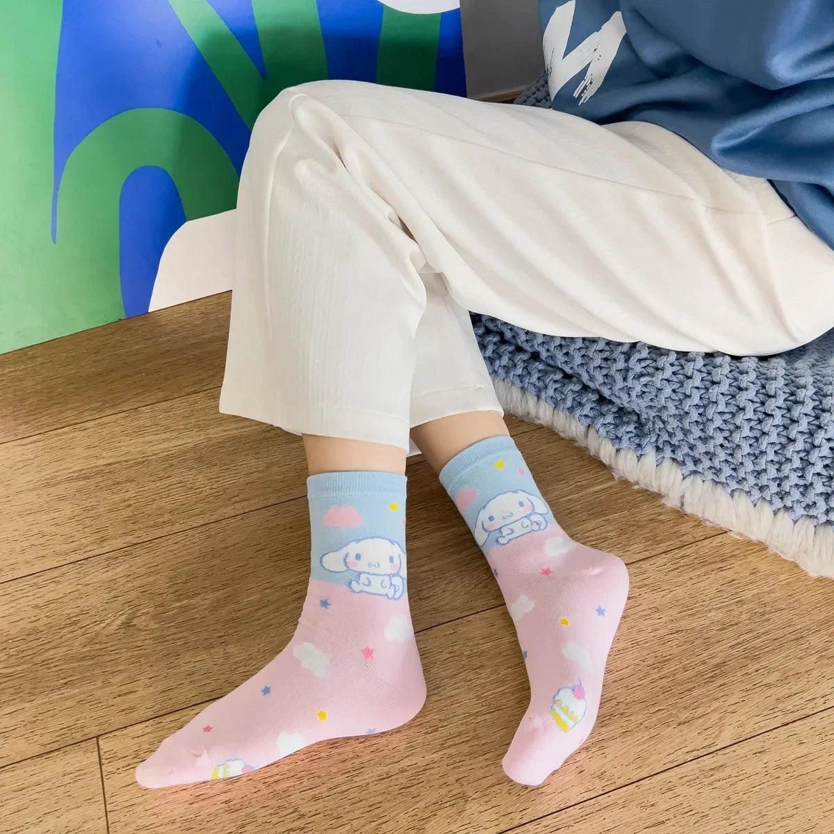 1pair Miniso Cinnamoroll Cartoon socks girl's blue combed cotton mid-tube stockings cute sanrio puppy stockings