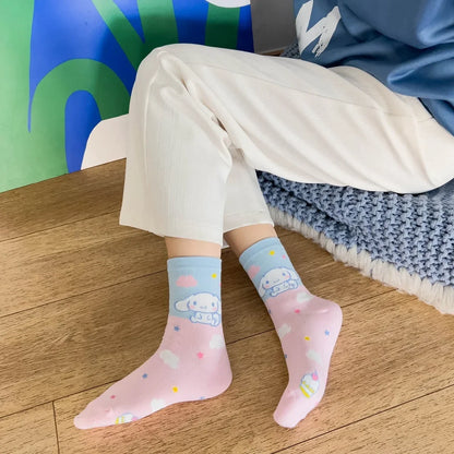 1pair Miniso Cinnamoroll Cartoon socks girl's blue combed cotton mid-tube stockings cute sanrio puppy stockings