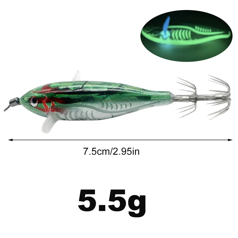 Horizontal wood Shrimp 5.5g Laser Luminous Floating Egi lure Squid Jigging Shrimp Octopus Cuttlefish Night Fishing Baits Sea