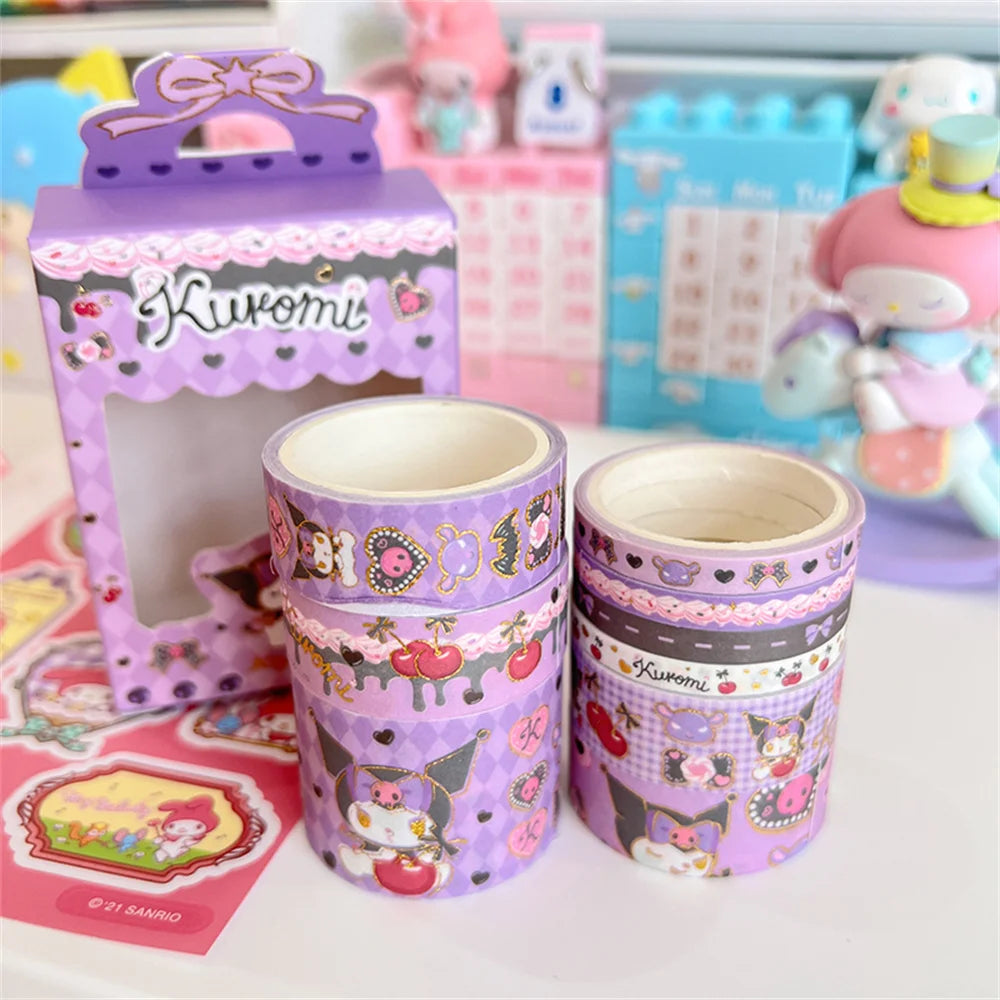 10Roll/Box Sanrio Kuromi Cinnamoroll Meloyd Tape Sticker Cute Cartoon Hello Kitty Handbook DIY Hot Stamping Stickers Kids Toys