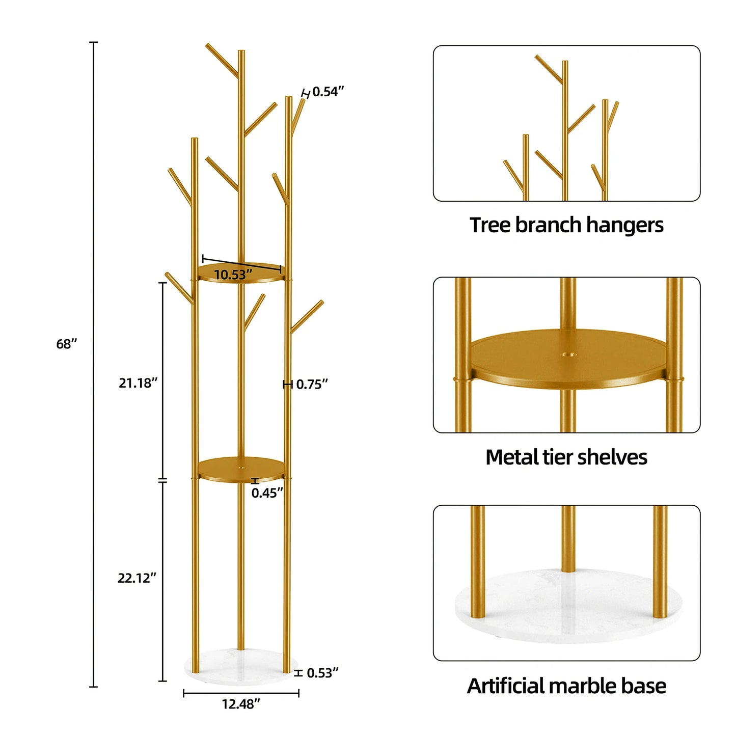 Heavy Duty Marble Coat Rack Stand Gold Metal Tall Clothes Rail Hanger for Bedroom Office Hall