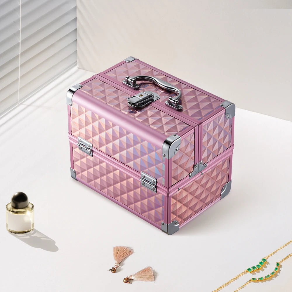 Modishion Professional Makeup Case Portable Makeup Case 2 Trays with Mirror Makeup Tool Storage Box Travel Makeup Case