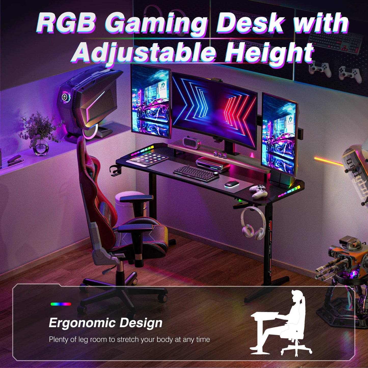 Height Adjustable Gaming Desk Standing Desk, Large Gaming Computer Desk with RGB LED Lights for Gaming and Home Office,Black