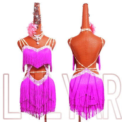 New professional Latin dance competition performance dress with sea blue tassel short open waist sparkling diamond dance skirt