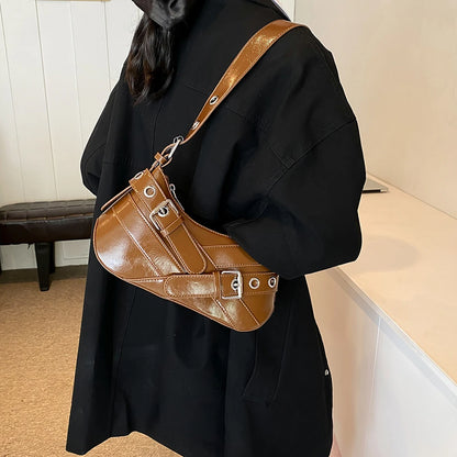 MOJOYCE Small Belt Design Glossy Patent Leather Shoulder Bags Women Luxury Brand Tote Handbag Y2K Underarm Bag with Inner Pocket