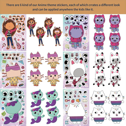 12Sheets Gabby's Dollhouse Make A Face Puzzle Stickers Kids Make Your Own DIY Game Children Cartoon Jigsaw Education Toys Gift