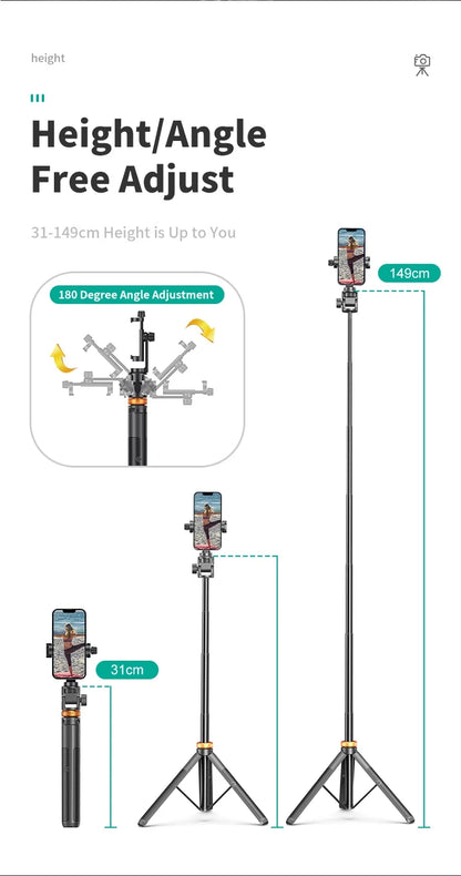 1.49M Wireless Selfie Stick Tripod Stand with Bluetooth Remote Extendable Tripod for iPhone Mobile Phone Tiktok Live Streaming