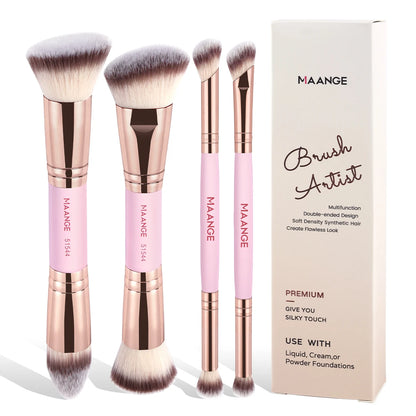 MAANGE 4pcs Basic Makeup Brushes Set With Box Dual-ended Foundations Powder Blush Details for Eyeshadow Brushes Beginner Travel