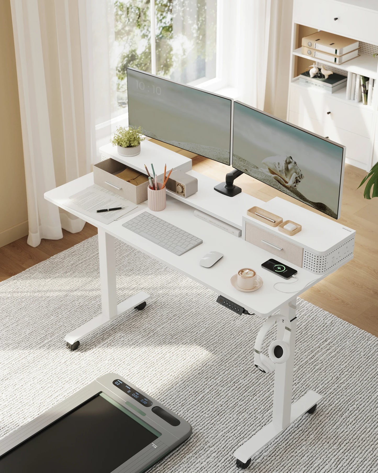VASAGLE Electric Standing Desk with Built-In Power Strip, 60 x 140 x (72-120) cm, Adjustable Height, Monitor Stand