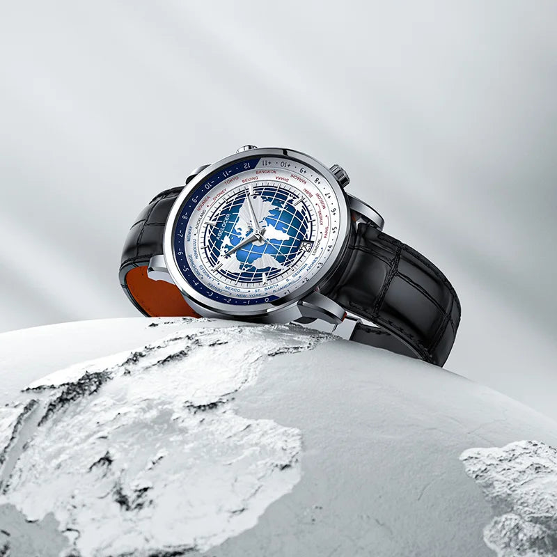 AGELOCER Original World Time Watch Men's Luxury Business Formal Automatic Mechanical Watch Birthday Gift for Men
