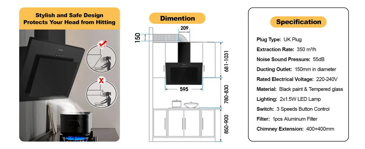 TopStrong 60cm Wall Mount Tempered Glass Stainless Steel Range Cooker Extractor Hood UKGV4760