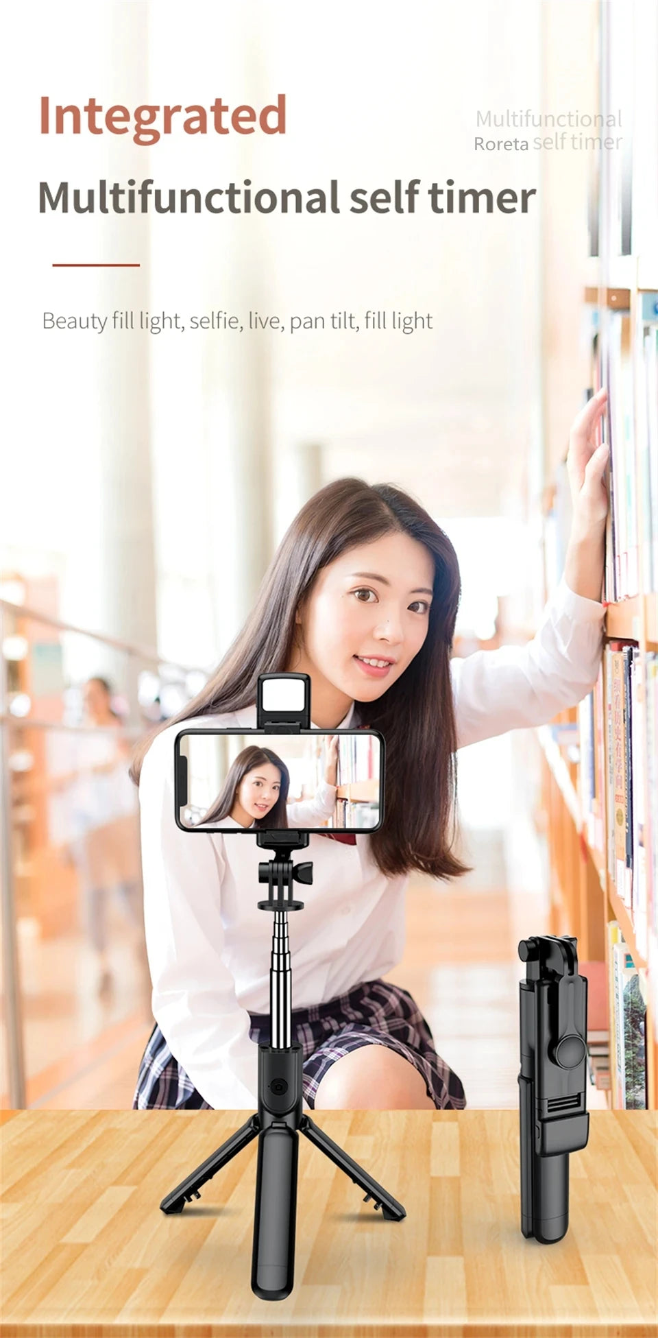 MEUYAG Wireless Selfie stick Tripod With Fill Light Bluetooth Shutter Remote Control Portable Foldable Monopod For Smart Phone