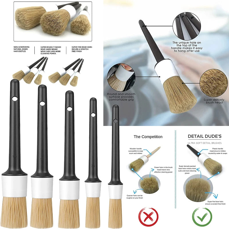 5PCS CAR DETAIG BRUSH DETAIL FOR CLEANING WHEELS ENGINE EMBLEMS AIR VENTS SET