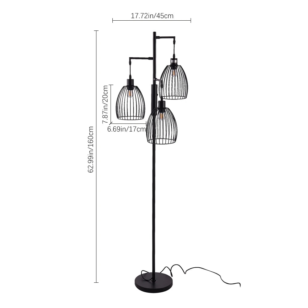 KOMORE Black Modern Industrial Style 3-head Floor Lamp with Irregular Shade for Living Room Office, Bedroom, Hallway, Porch