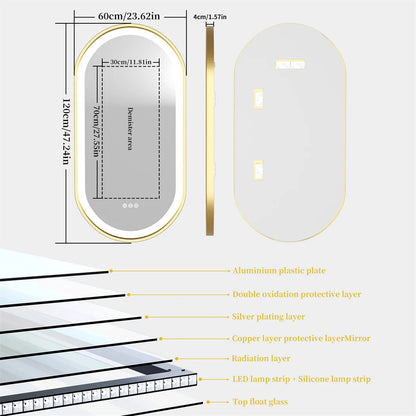 LUVODI Luxury Oval Led Illuminated Bathroom Mirror Gold Aluminum Frame with Demister Pad