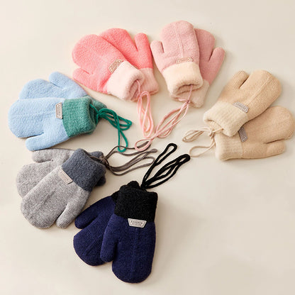 Anti Cold Warm Ski Gloves Kids Thicken Velvet Hanging Neck Mittens 1-4year Boy Girl Plush Hand Covers Children Woolen Knit Glove
