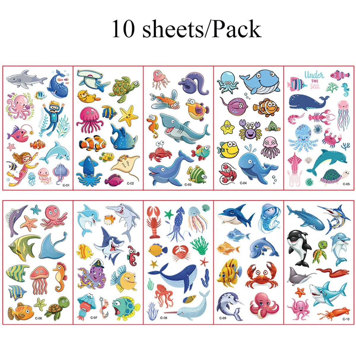 10Pcs Cartoon Temporary Tattoos for Hand Disposable Underwater World Crabs Dolphins Octopus Jellyfish Design Tattoos Sticker