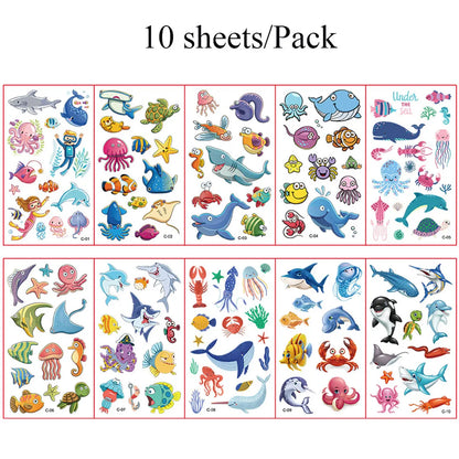 10Pcs Cartoon Temporary Tattoos for Hand Disposable Underwater World Crabs Dolphins Octopus Jellyfish Design Tattoos Sticker