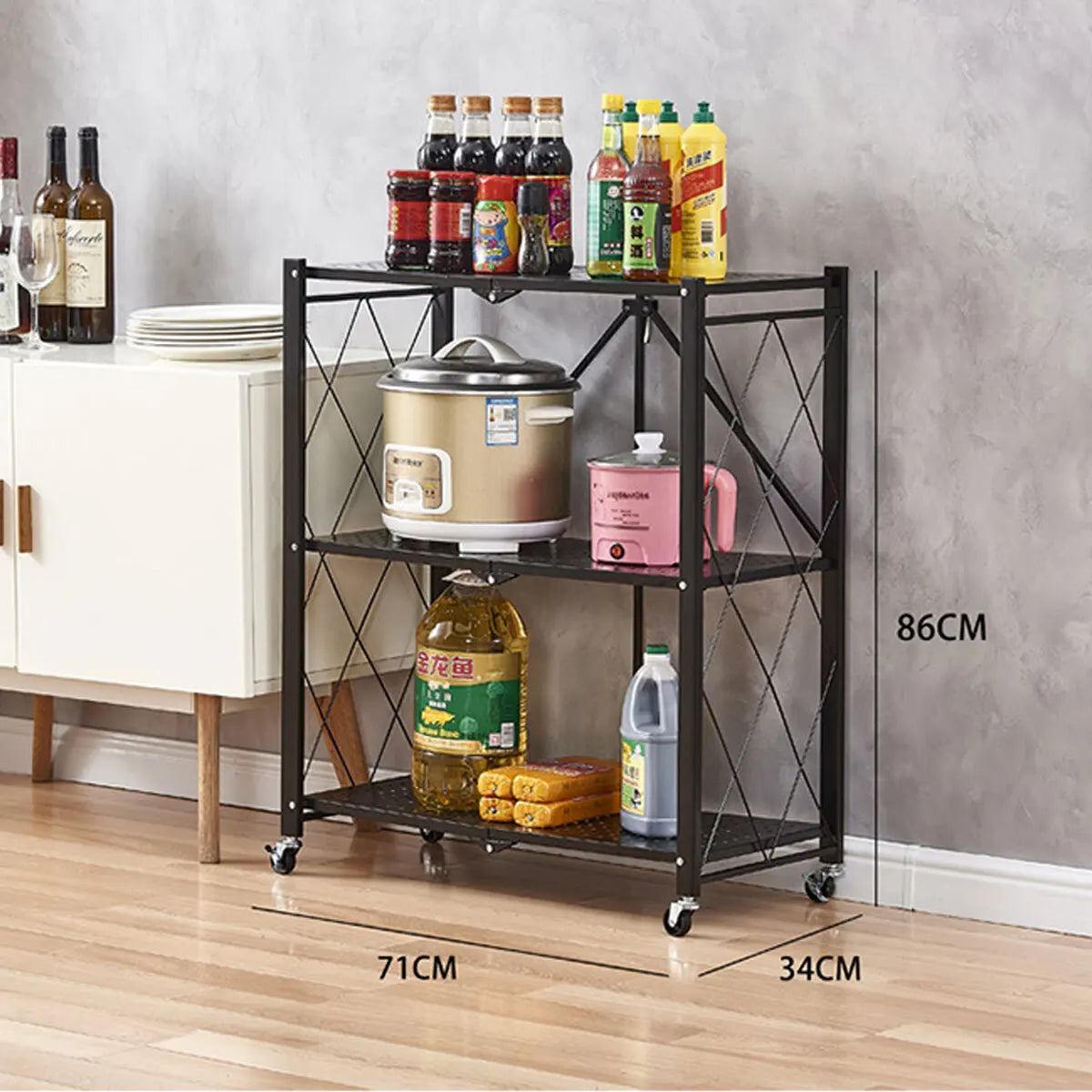 Folding Trolley Cart Shelf Storage Rack Rolling Office Wheels Metal 3/4/5 Tier