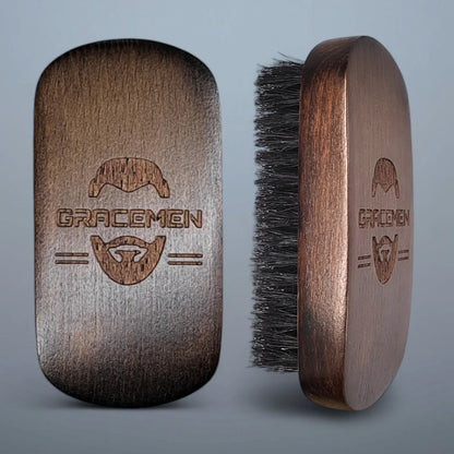 Gracemen Premium Dark Retro Beard Brush Oval Facial Brush for Men - 100 % Boar Bristle and Old-Styled Wooden Handle Hair Comb