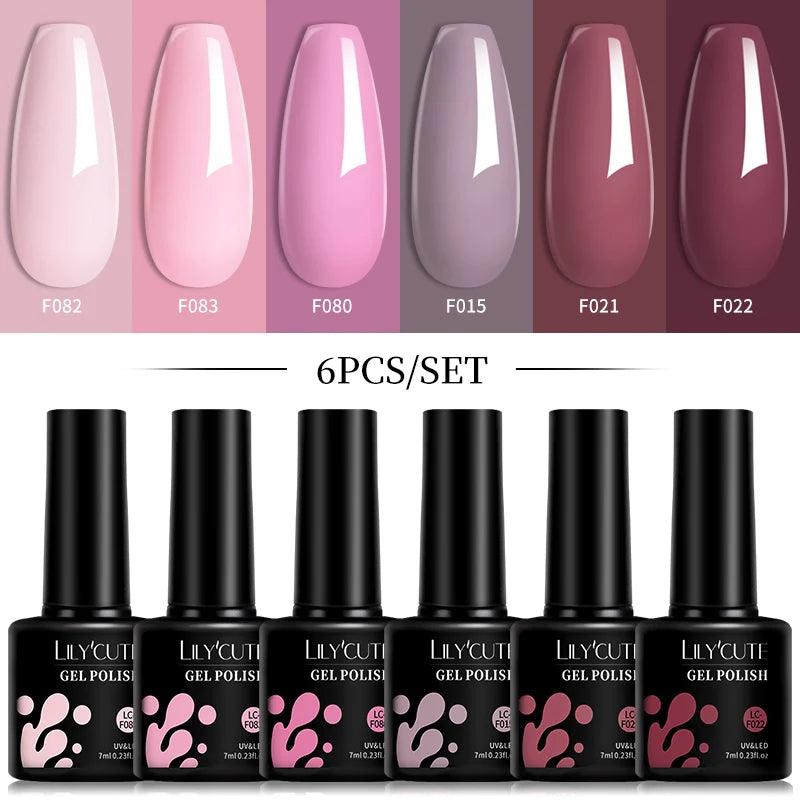 LILYCUTE 6-teiliges Set 7 ml Gel-Nagellack zum Selbermachen, leuchtend pink, semi-permanent, UV-/LED-beständig, Nageldesign-Set