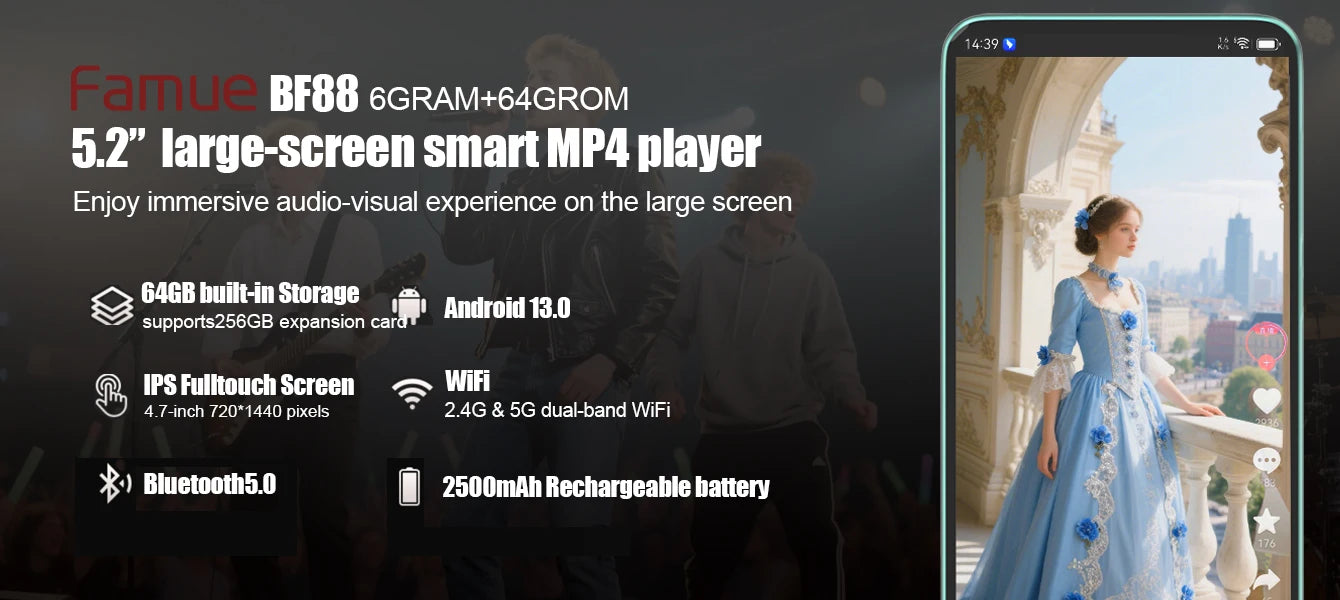 Famue MP3 Player Android 13 with Bluetooth and WiFi，MP3 MP4 Player with Spotify，Audible，Pandora，Standalone / Networked Version