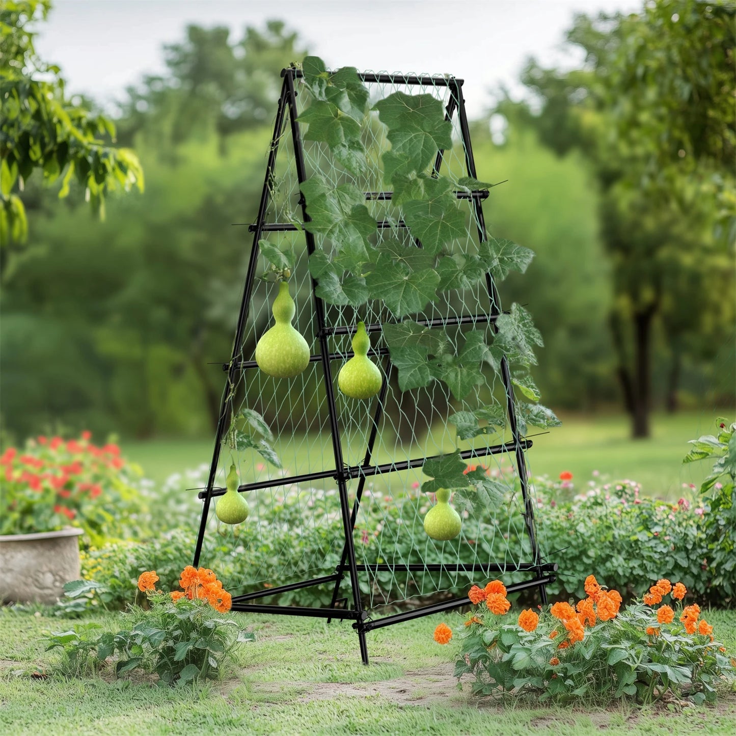 Metal A-Shaped Garden Arch Trellis for Climbing Plants Vegetable Cucumber Support Frame with Nylon Netting, Four Ground Spikes