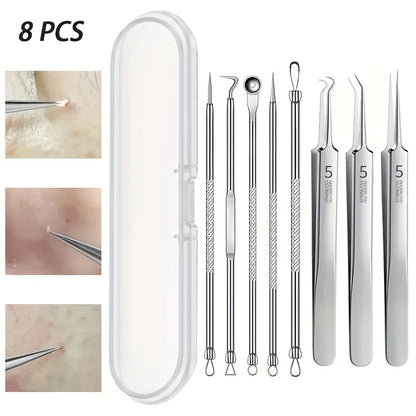 8-Piece Blackhead Remover Kit – Stainless Steel Blemish & Acne Extraction Tools – Professional Pimple Popper Set for All Skin