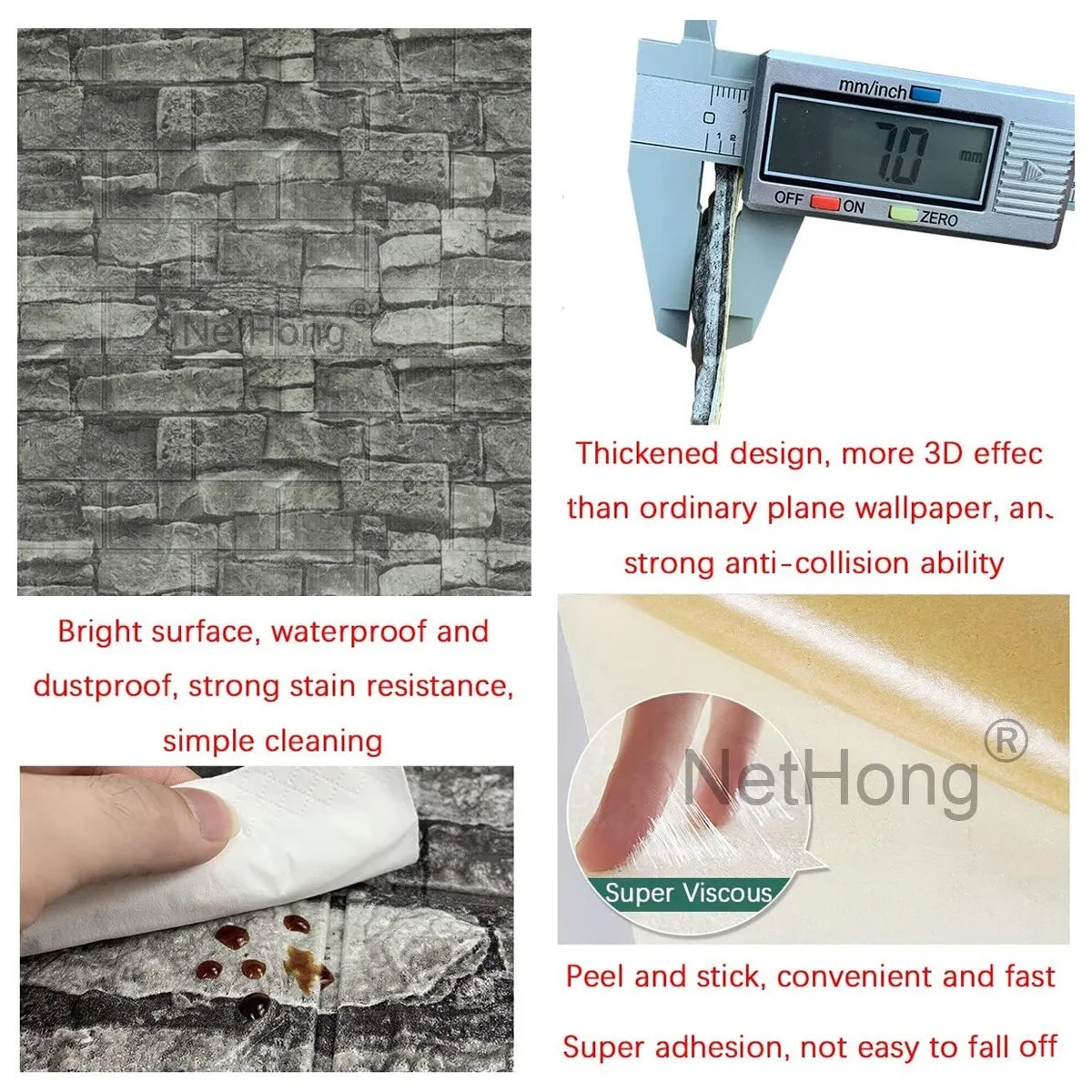 Waterproof Brick Stone Wallpaper Self Adhesive Vinyl Wall Decor Sticker 70*77Cm