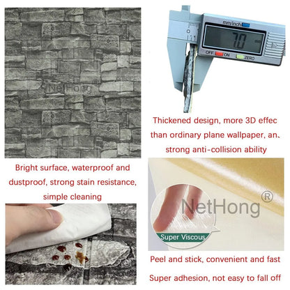 Waterproof Brick Stone Wallpaper Self Adhesive Vinyl Wall Decor Sticker 70*77Cm