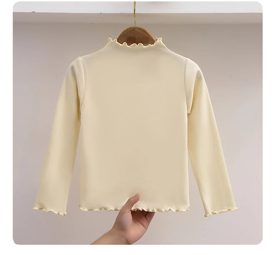 Autumn-Winter Girls Long Sleeve Solid Color T-Shirt with Ruffle Collar Girls Fashionable Comfortable Everyday Wear T-Shirt