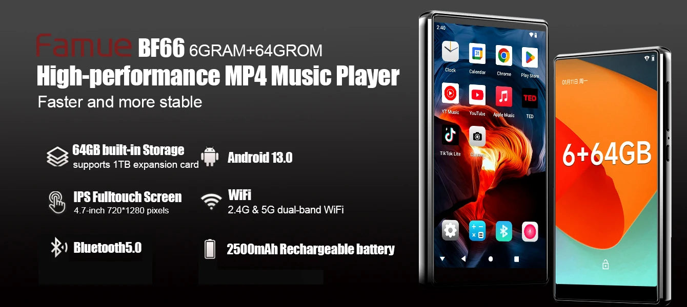 Famue MP3 Player Android 13 with Bluetooth and WiFi，MP3 MP4 Player with Spotify，Audible，Pandora，Standalone / Networked Version