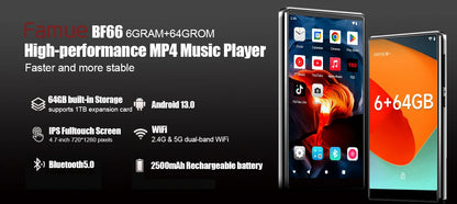 Famue MP3 Player Android 13 with Bluetooth and WiFi，MP3 MP4 Player with Spotify，Audible，Pandora，Standalone / Networked Version