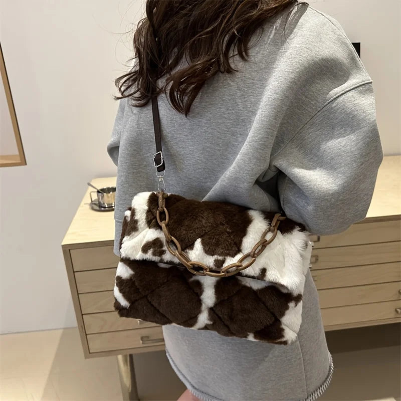 Korean Style Leopard Print Plush Crossbody Handbag for Women - Autumn Winter Fashion Bag