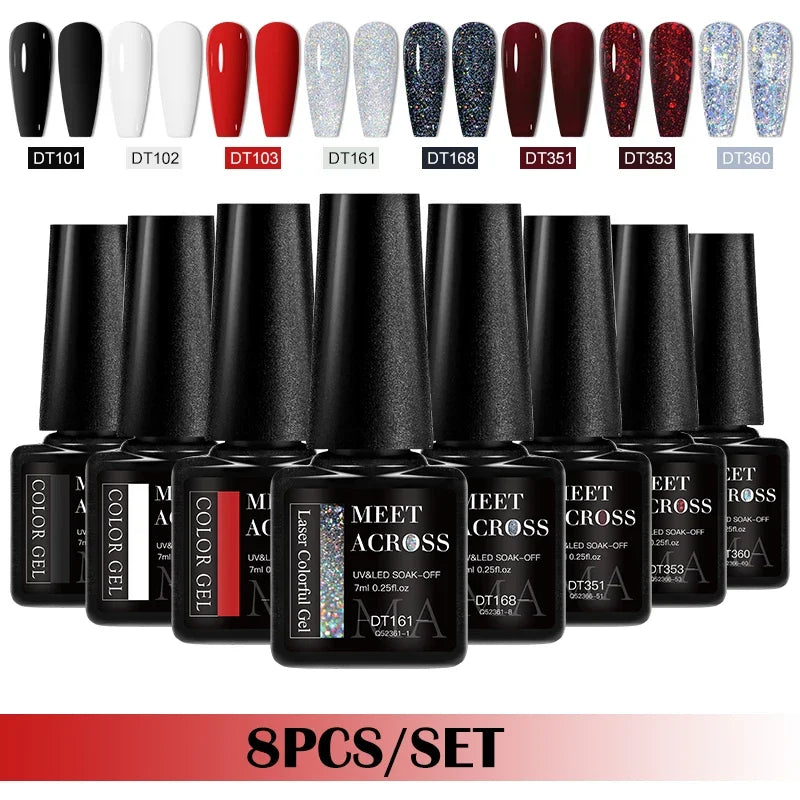 MEET ACROSS 8-teiliges Gel-Nagellack-Set für alle Jahreszeiten, Neon-Marcaron-Grün-Rot-Serie, UV-Gel-Lack-Maniküre-Set, Nagelzubehör