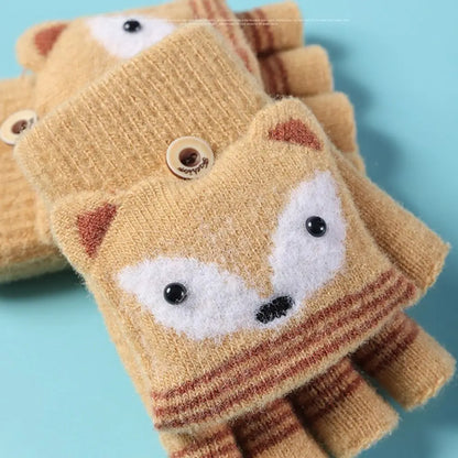 Flip Fingerless Gloves Autumn Winter Children Knitted Gloves Cute Cartoon Fox Warm Half-Finger Gloves