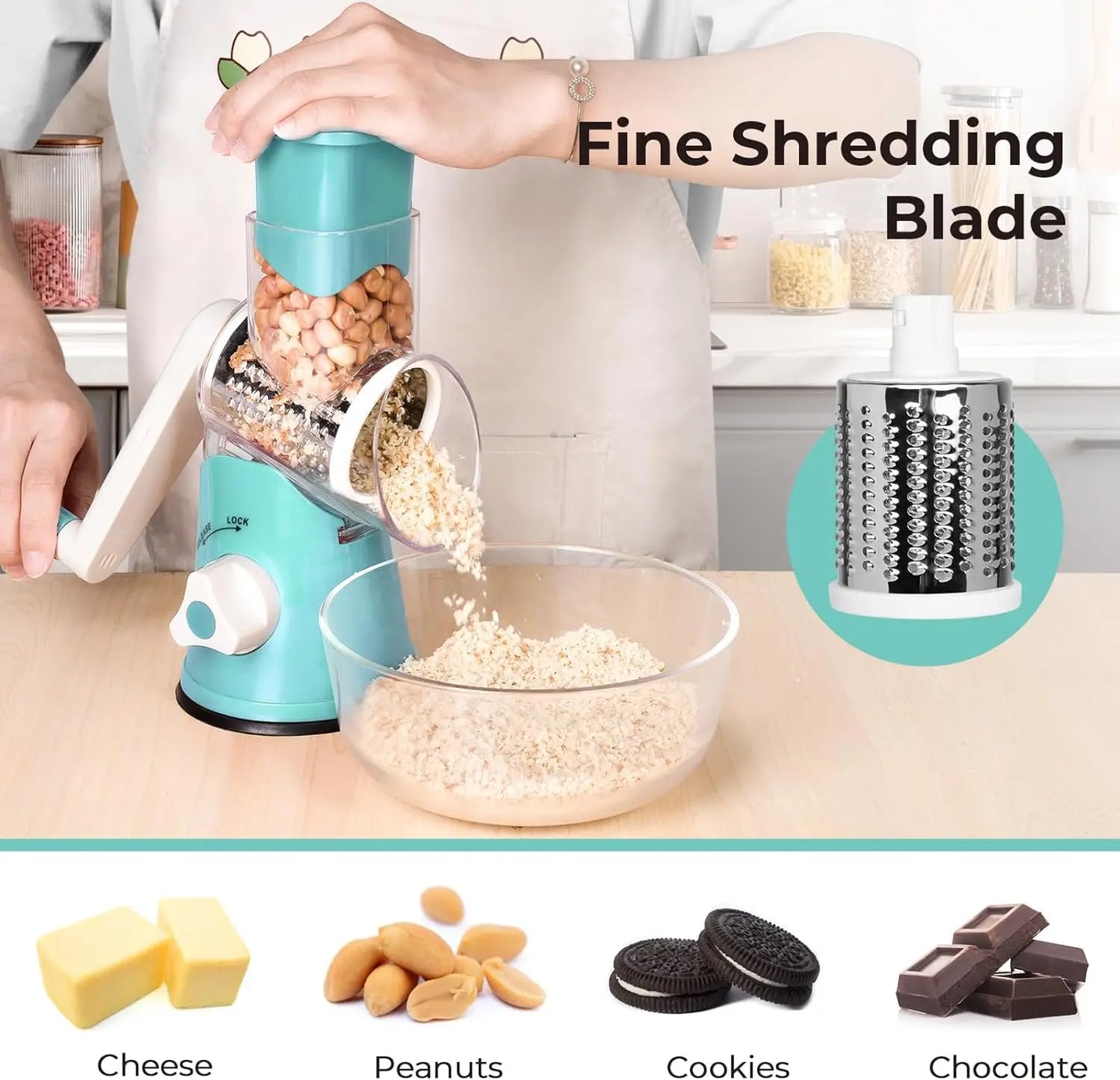 Manual Rotary Cheese Grater Shredder Kitchen Mandoline Vegetable Slicer with 3 Replaceable Stainless Steel Drum Blades YY001