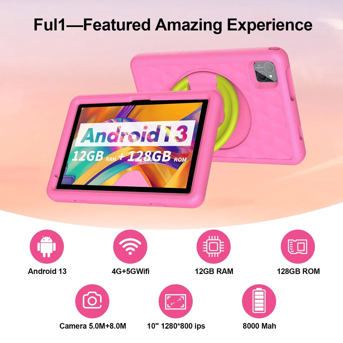 10.1 Inch Tablet for Kids, Android 13, Octa-Core, 4G LTE Dual SIM, Parental Control, 12GB RAM(6+6 Expand)/128 GB Storage