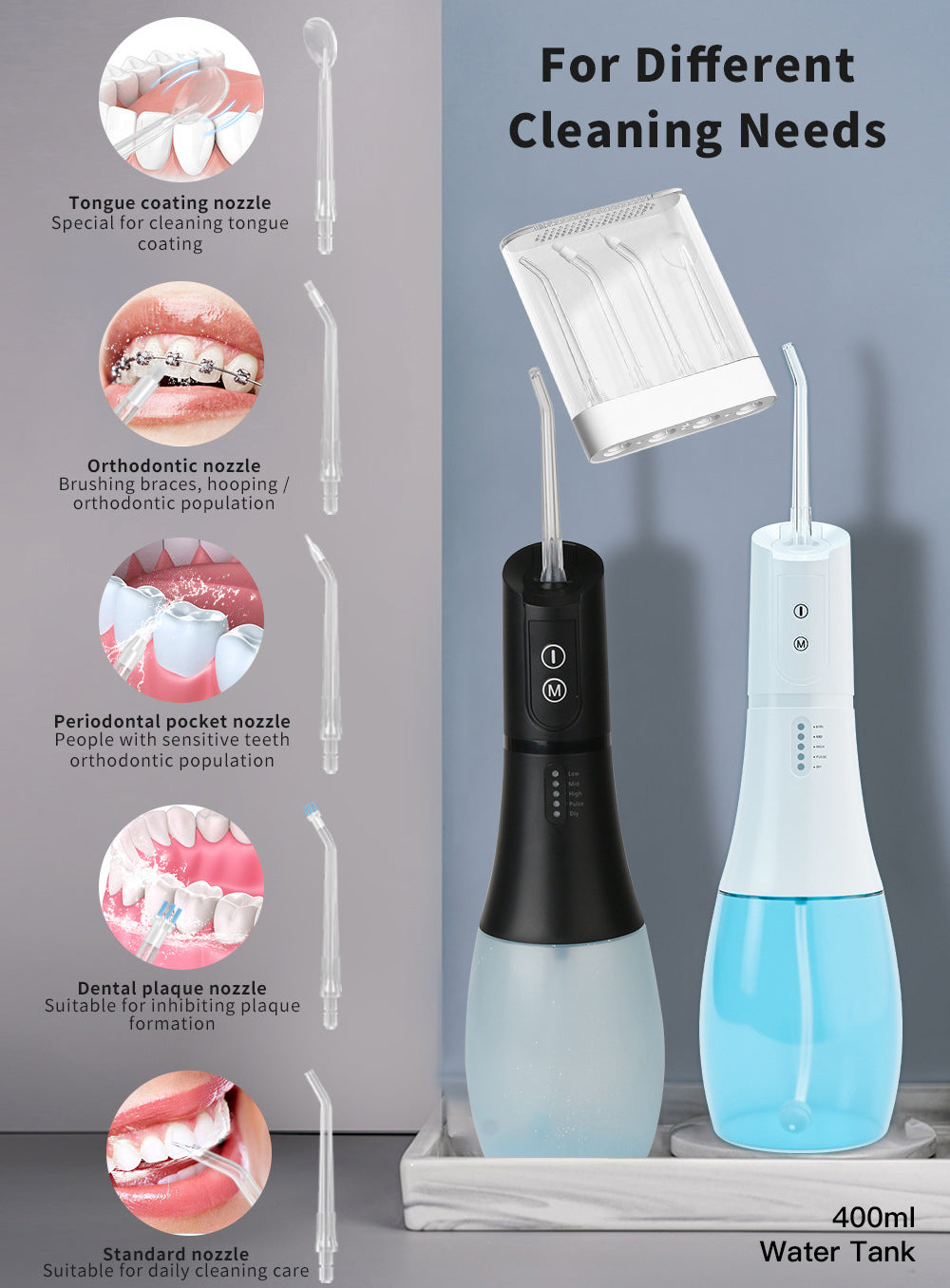 Mouth Washing MachineFloss,Oral Irrigator Portable Water Flosser Rechargeable 5 Modes 400ML Dental Water Jet for Cleaning Teeth